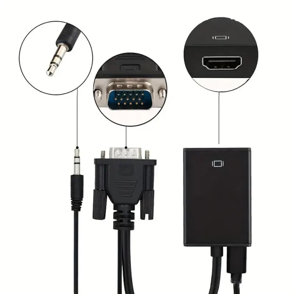 VGA till HDMI-adapterkabel med 3,5 mm ljudkabel, envägsöverföringsadapter