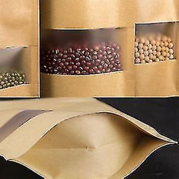100 st Kraftpåsar med Fönster Stående Ziplock Förslutning Papperspåse, Matförvaringspåse - 26*35cm