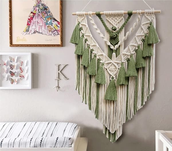 Boho Makrame Väggdekor Handgjord Bomull Väggbonad med Tofs Vävd Makrame Väggdekor för att Dekorera Sovrum Vardagsrum Lägenhet Barnkammare Grön