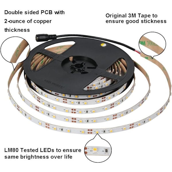 Fleksibel LED-strimmel 3528 Smd LED-strimmel med 5M klæbebånd En rulle 12V DC (varm hvid)