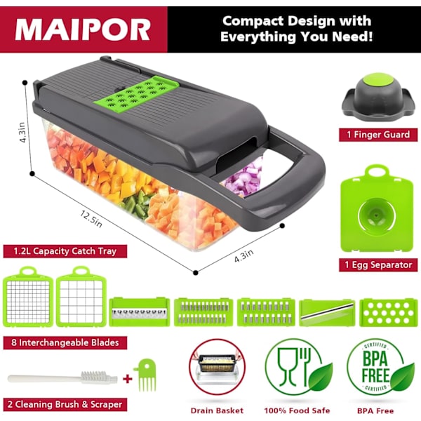 Grønnsakshakker, Pro Løkhakker, Multifunksjonell 13 i 1 Mathakker, Kjøkken Grønnsaksskiver Dicer Cutter, Veggie Chopper Med 8 Blad