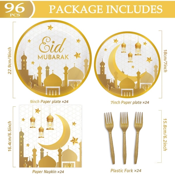 Eid Mubarak Dekoration til Hjemmet 24 Portioner med Festival Papirtallerkener, Desserttallerkener, Servietter