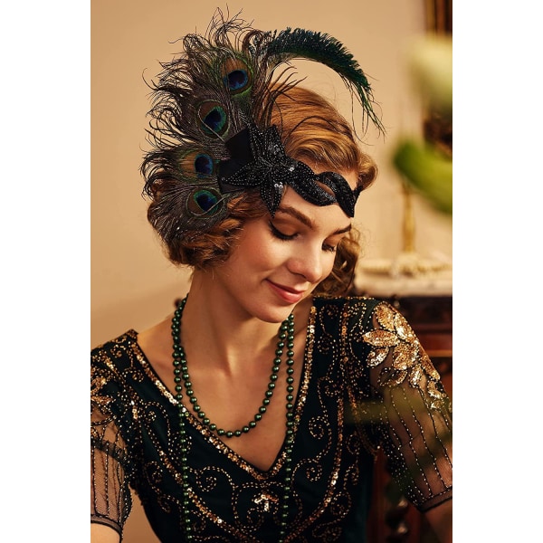 Dame Hovedbånd med Påfuglefjer, Flapper-stil Hovedbånd, Gatsby Tilbehør