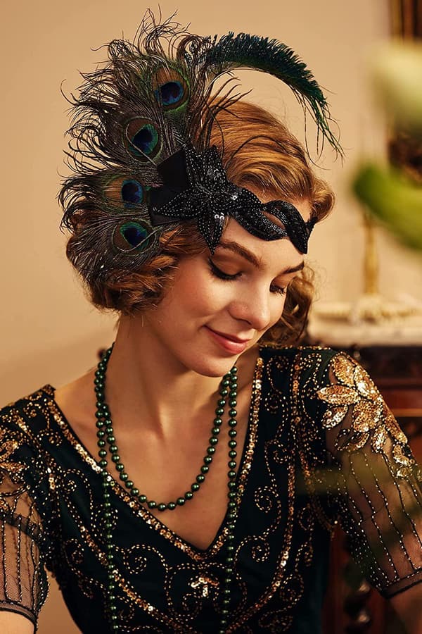 Hovedbånd med påfuglefjer til kvinder, pandebånd i flapperstil, Gatsby-tilbehør