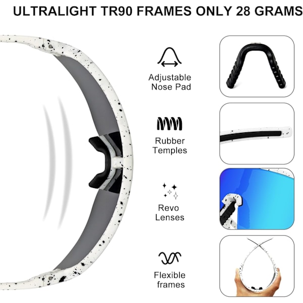 Polarisoidit pyöräilylasit miehille ja naisille, UV400-suoja, urheilulasit baseballin, juoksun jne. harrastuksiin White B&blue Lens