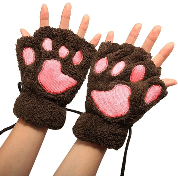 Kvinnor Bear Plysch Cat Paw Claw Glove Mjuka vinterhandskar Fingerlösa handskar (bruna)