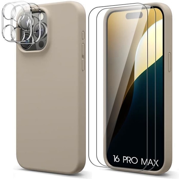 Fodral för iPhone 16 Pro Max - Beige silikon + 2 fönster i härdat glas och 2 bakre kameraskydd