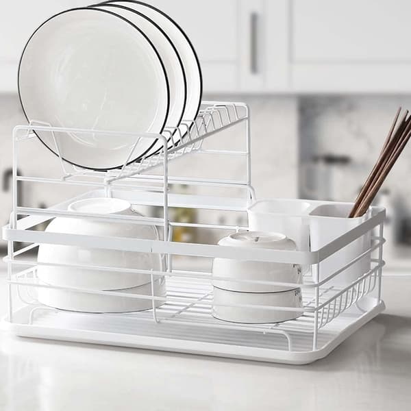 2-Tier Dish Drying Rack Kitchen Counter Plate Drainer Storage Organizer with Drain Board and Cutlery Holder - White White