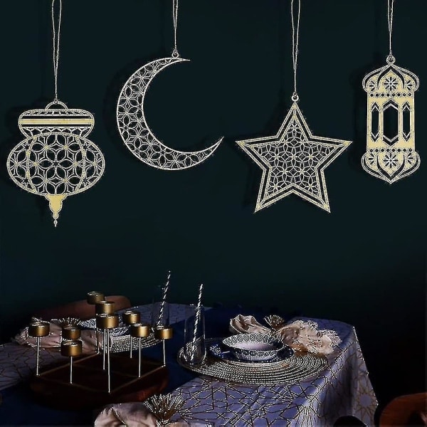 6pcs Islam Eid Ramadan Mubarak Eid Al-adha Decoration Hanging Wooden Lantern Garland Pendant Muslim Islam Plaque Sign Ornament