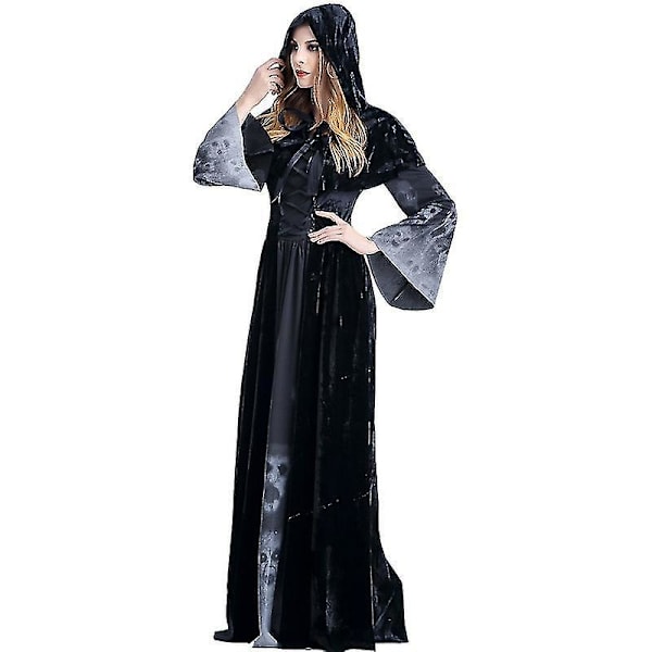 Naisten Reaper-asu, keskiaikainen mekko, pitkähihainen, huppu, Halloween-cosplay