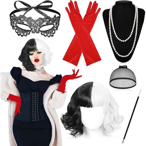 Cruella kostym kvinnor 70-talstillbehör, kort svart och vit peruk med hållare, handskar, halsband, spetsmask, perukhatt, för Halloween kostym kvinnor, fläkt