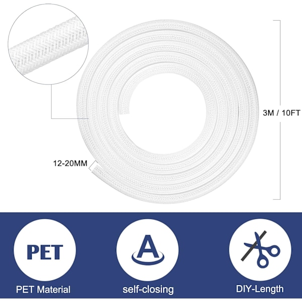 Justerbar Kabelbeskyttelsesmuffe, 3m PET Flettet Kabelmuffe, Kabelstyringsbeskytter til TV, PC, USB - Diameter 12-20 mm, Sort
