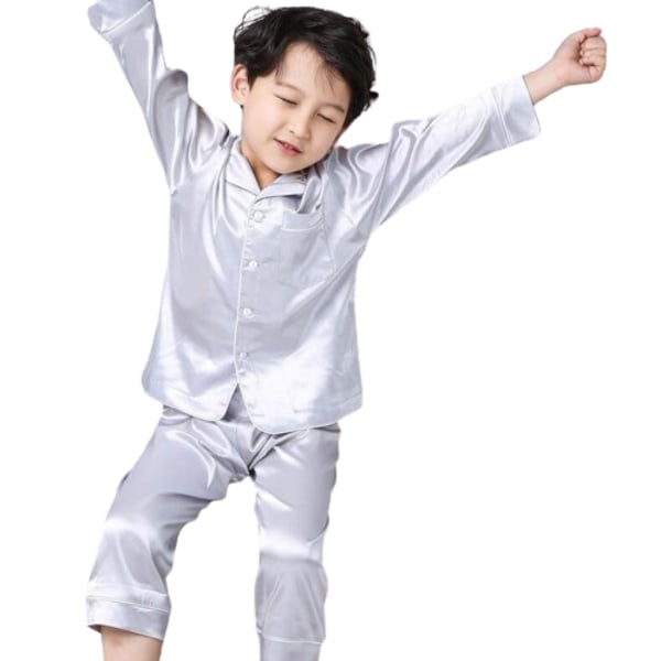 Pyjamas långärmad set för barn, silkespyjamas med knäppning silver silver 140cm