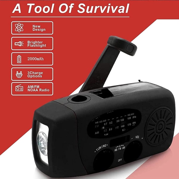 Nødhandvevsradio med LED-fiks for nödsituasjoner, AM/FM-bærbar vindradio med Power Bank-telefonladdare, USB-ladd