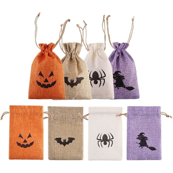 Hessian Gaveposer med Dobbelt Jute Snøre Candy Pouch Halloween Godbidderposer med Forskellige Designs Pakke med 50