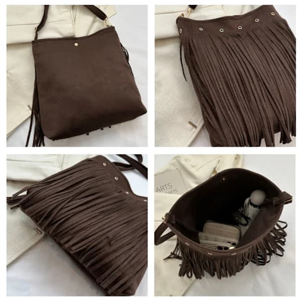 Læder frynset skuldertaske Etnisk Messenger Taske SORT Sort