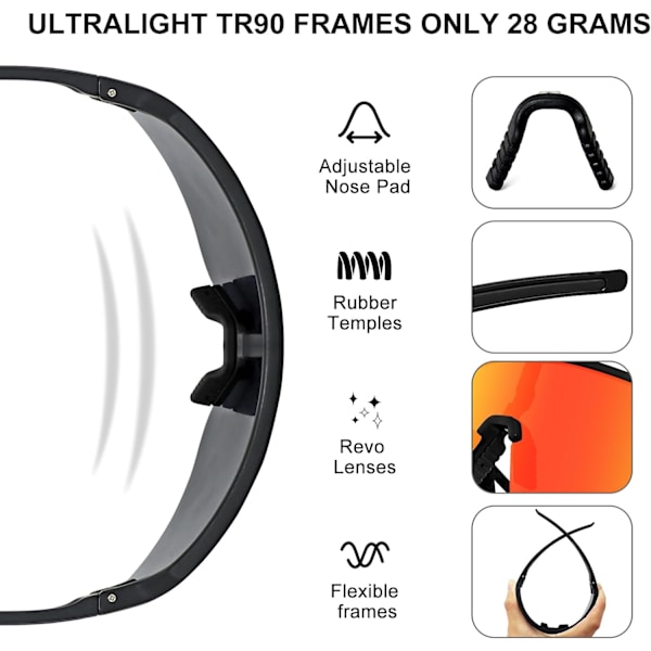Polarisoidit pyöräilylasit miehille ja naisille, UV400-suoja, urheilulasit baseballin, juoksun jne. harrastuksiin Black&red Lens