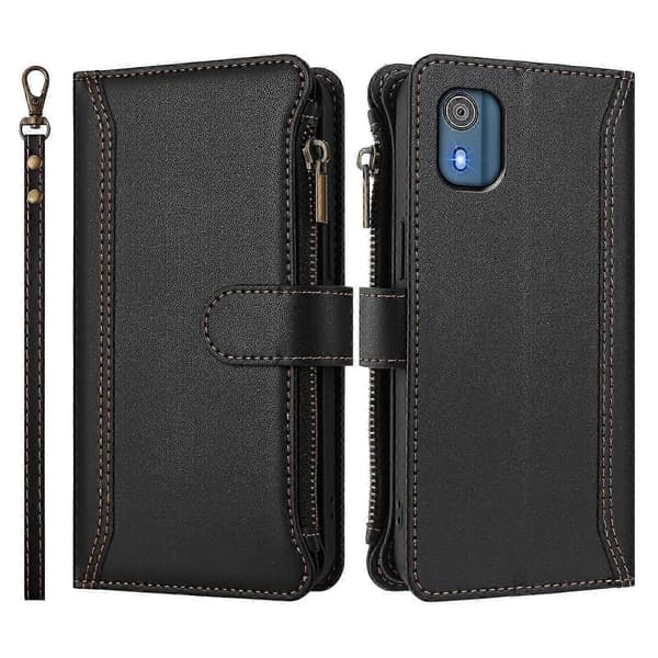 Magnetiskt Läderplånboksfodral med 9 Kortfack, Blixtlåsficka och Handrem för Säker Förvaring For Nokia C02