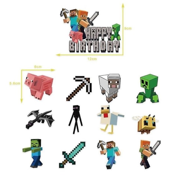 Minecraft-tema Grattis på födelsedagen Set Dekorationer Banner Dragflagga Tårta Toppers Kit