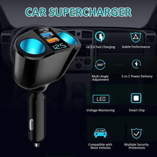 Dobbel USB QC3.0 og PD 12V 24V billader 120W Dobbel billader Hurtiglading Multiuttak LED Voltmeter USB billaderadapter Telefon GPS Kamera