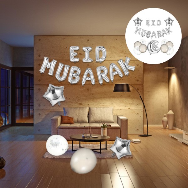 Set Eid Mubarak Balloon Party Decor Aluminum Foil Balloon for Ramadan Party (50x45x8cm, Silver)