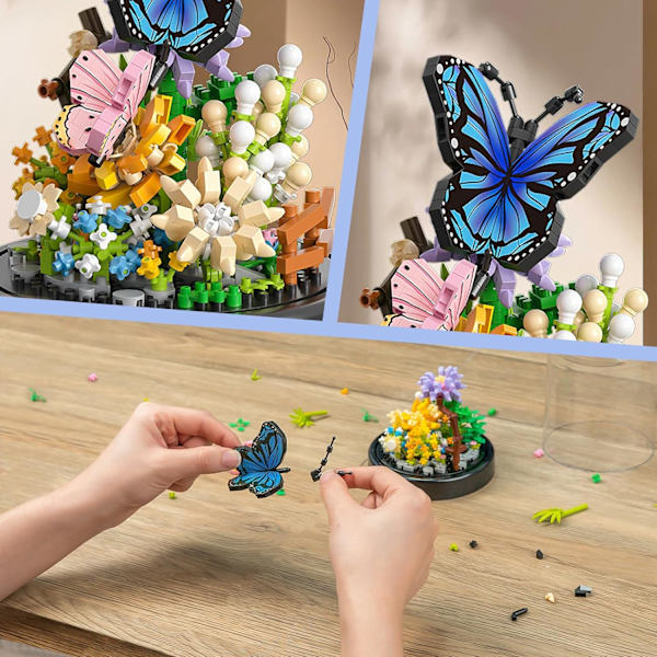 Blombukett Byggsats för Vuxna, 530 PCS Djur Blommor Botanisk Samling Mini Byggklossar Set, Alla Hjärtans Dag för Hennes Mamma(Fjäril)