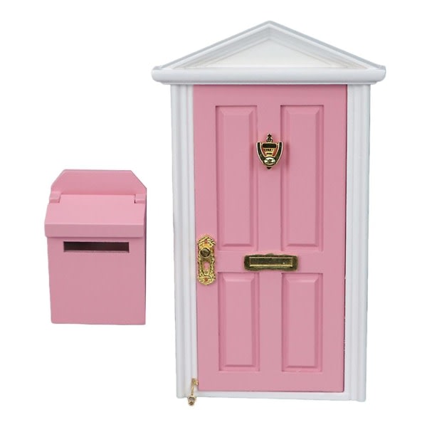 Set Miniatyr brevlåda Mini hus brevlåda Dekorativ trädörr modell dekor (18X9X1.3CM, rosa)