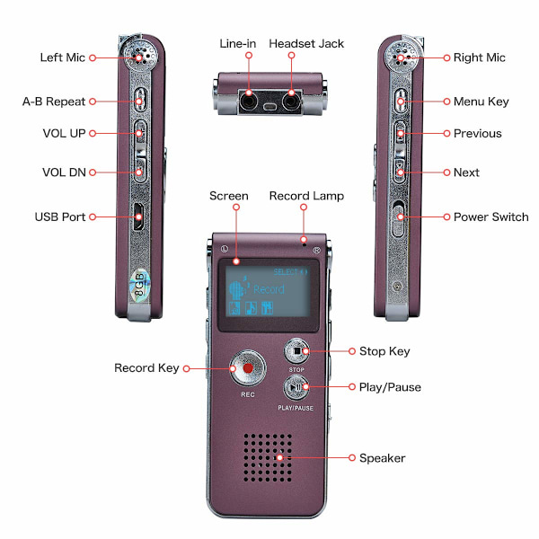 Kannettava digitaalinen ääninauhuri, ääninauhuri, sanelin LCD-näytöllä, MP3-soitin - 8GB (Burgundy)