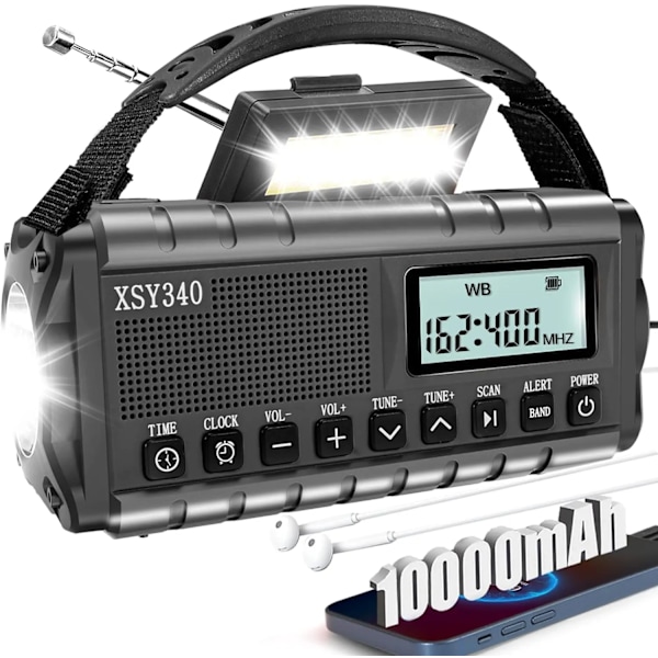 10000mAh Vedenpitävä Hätäradio Kannettava Aurinkoenergialla Toimiva Käsikampi Säävaroitusratiolla AM/FM Taskulampulla Lukuvalolla SOS-hälytyksellä Black