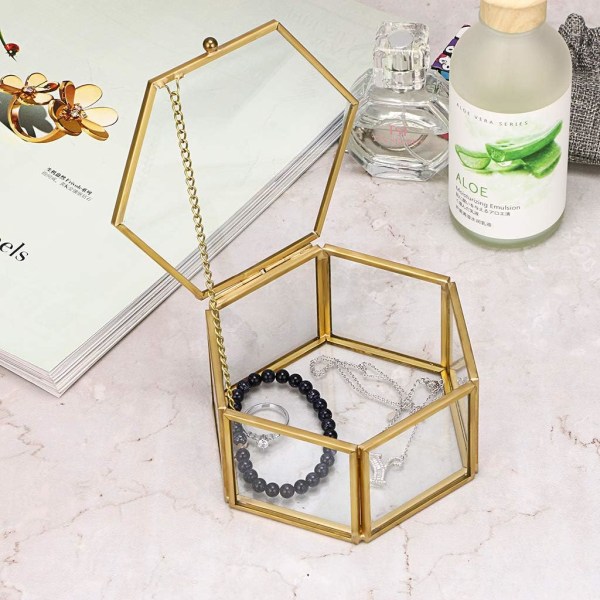 Vintage Glass Jewelry Box - kultainen kuusikulmainen korujen näyttö