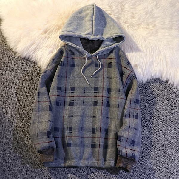 Dam Hoodie i Harajuku-Rutmönster, Falsk Tvådelad, Fleece, Mocka, Halsduk grey blue XL