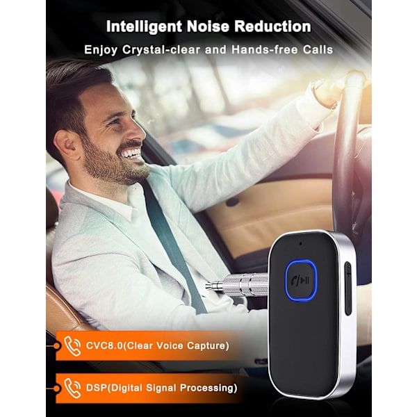 Bluetooth-mottaker for bil, støydempende Bluetooth-biladapter, trådløs lydmottaker for hjemme-stereo/trådbundet hodetelefoner, håndfri samtale