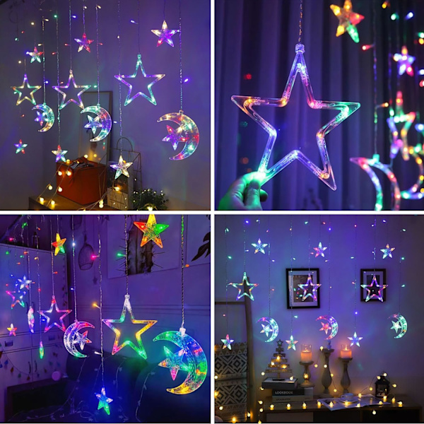 Gardiner Ljus Ramadan Fönsterljus Dekorationer Inomhus, 138 LED Stjärna Måne Fairy Lights