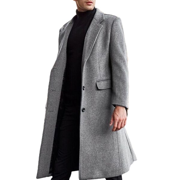 Høytidelig Herre Casual Smal Passform Ullfrakk Lang Jakke Hakkesøm Trenchcoat Grey L