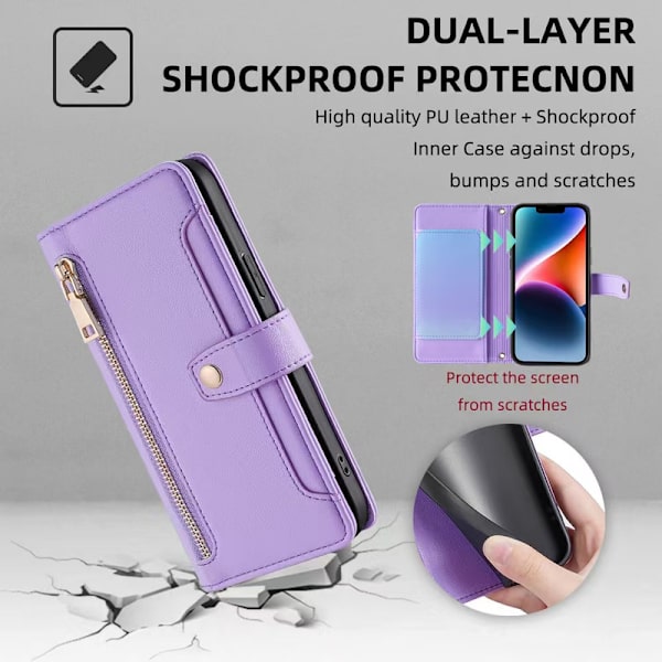 Mobilplånbok för iPhone 16-serien, bärbar plånbok som rymmer både mobiltelefon och kort, påverkar inte kortets magnetism lila purple iphone16 PRO MAX