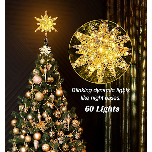 60 LED-lys Metallisk Stjerne Topp for Juletre Batteridrevet Moravisk Stjerne 3D Stjerne Tre Topp Julepynt med 6H Timer, 13.78 tommer/