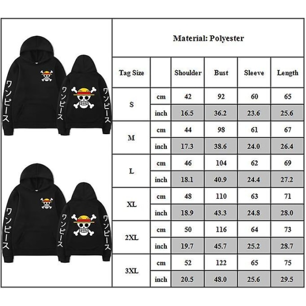 One Piece Anime Print Hoodie Langærmet Casual Hoodies Pullover Tops Til Mænd Kvinder 2XL