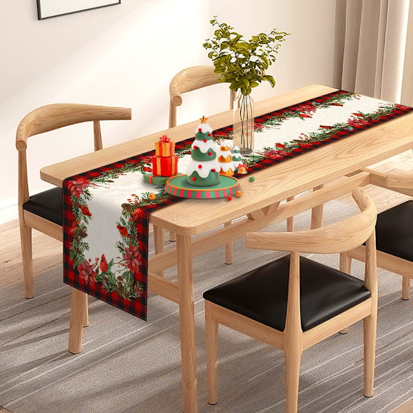 Julebordløber med Kardinal, Buffalo Plaid Tjek, Julestjerne, Kristtorn, Jul, Vinter, Hjemmedekoration (33×275cm) 13" x 108" size