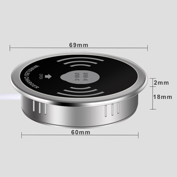 15W USB-C USB-A Hurtiglader 3.0 Innebygd Skrivebordsenhet Qi Rask Trådløs Lader Innebygd Lader 60mm/2.36\"