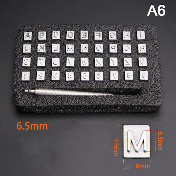36-osainen teräsleimasarja aakkosille ja numeroille 6.5mm