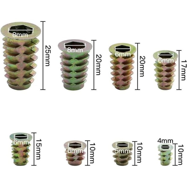 230 styks zinklegering gevindindsats, sekskantmøtrikker gevindindsats, M4 M5 M6 M8 møtrik værktøjssæt til træmøbler