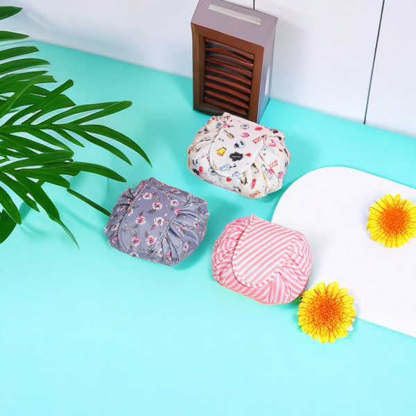 Lat Lazy Drawstring Flat Lay Sminkväska Bärbar Stor Reseväska för Smink Kosmetisk Väska Förvaring Organiserare Lipstick