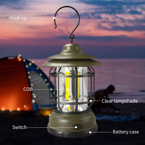 LED camping lanterne hængende teltlampe Retro bærbar lampe Army grøn Army green rechargeable type