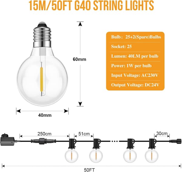 Dimmable String Lights for Outdoor Use, 15M Outdoor String Lights with Remote Control, 25+1 Shatterproof Bulbs, IP45 Waterproof, 2700K [Energy Class E]