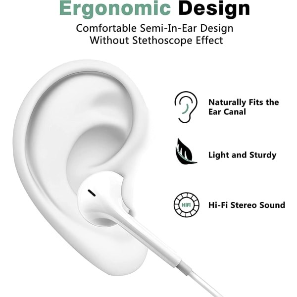 2-pak - Apple Earbuds med Lightning-stik [Apple MFi Certificeret] iPhone-hovedtelefoner (indbygget mikrofon og volumenkontrol) Støjreducerende Headp