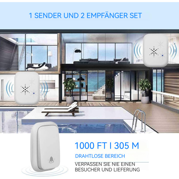 Batterifri trådløs dørklokke, plug-in trådløs vandtæt