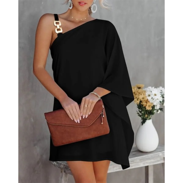 Pulloverklänningar för kvinnor Lös Batwing-ärm Sexig metallrem One Shoulder Sling Dress Business Casual Party Club Dress (Svart XL)