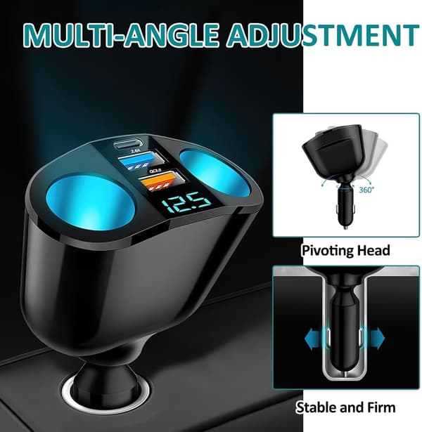 Dobbel USB QC3.0 og PD 12V 24V billader 120W Dobbel billader Hurtiglading Multiuttak LED Voltmeter USB billaderadapter Telefon GPS Kamera