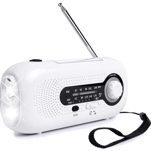 Veva Radio, Sol- och Handvevbar Bärbar Nöd-AM/FM Väderradio, 2000mAh Överlevnadsradio white