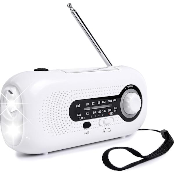 Vind opp radio, solcelledrevet håndsveiv bærbar nødradio AM/FM værradio, 2000mAh overlevelsesradio white